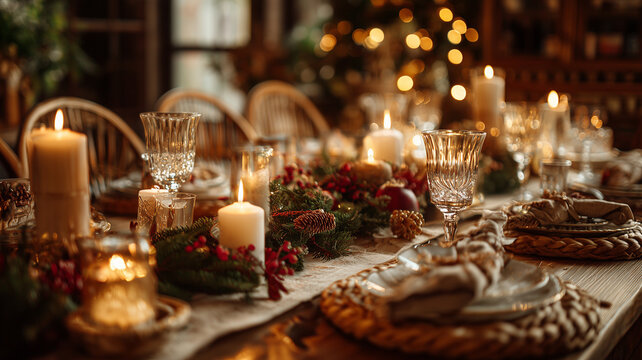 A Christmas dinner table set with candles, festive dishes, and holiday decorations, elegant and warm family atmosphere