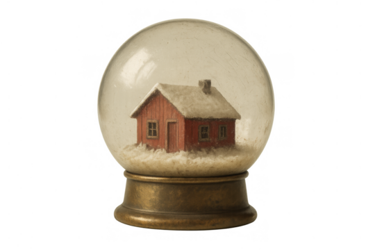 Snow globe creating a winter wonderland scene with a little red house and falling snow, for christmas and holiday themes