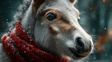 Unicorn Wearing a Red Scarf in a Snowy Winter Scene – Cozy Fantasy Illustration