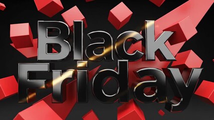Black Friday text with golden glare and dispersing red cubes. Special discount or seasonal sale event. Promotion animation. - Powered by Adobe