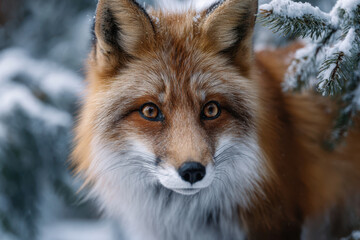 Fototapeta premium Red fox explores snowy forest in winter