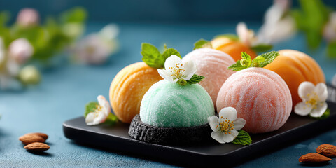 Mochi ice cream in pastel shades artfully arranged on a dark plate with jasmine blossoms, mint leaves and crunchy toppings for a delicate, colorful Asian dessert presentation