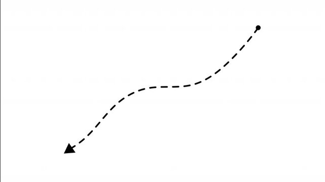 animation of arrow moving to the bottom left corner along curved dashed path on white background