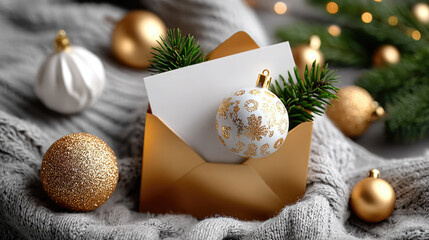 Elegant christmas holiday scene bringing festive cheer with decorative baubles. Sparkling elements. Pine branches. And a golden envelope holding a blank greeting card