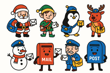 Charming christmas characters delivering mail and packages with festive cheer