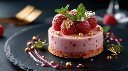 Pink raspberry dessert artfully decorated with fresh raspberries, mint leaves, and golden accents, creating a visually appealing and luxurious culinary experience for fine dining
