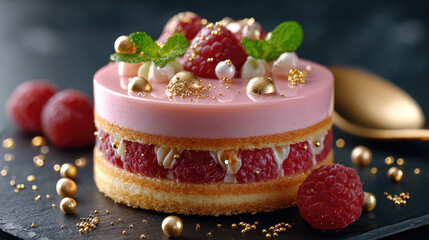 Pink raspberry dessert artfully decorated with fresh raspberries, mint leaves, and golden accents, creating a visually appealing and luxurious culinary experience for fine dining