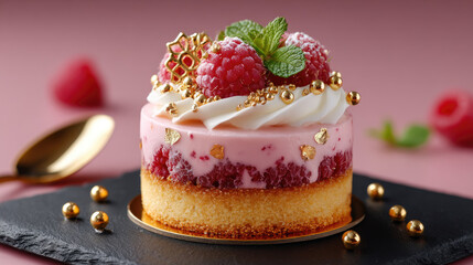 Pink raspberry dessert artfully decorated with fresh raspberries, mint leaves, and golden accents, creating a visually appealing and luxurious culinary experience for fine dining