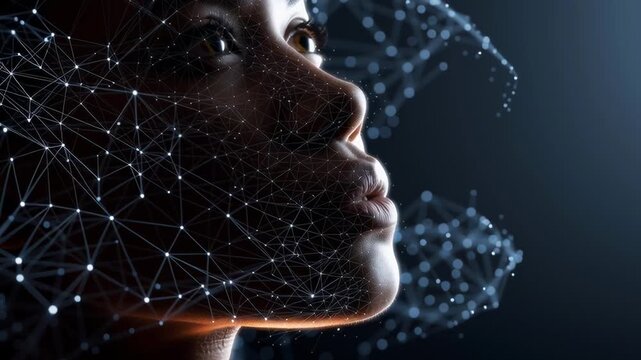 A woman's face is shown in a black background with a lot of lines and dots. The image is abstract and has a futuristic feel to it