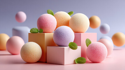 Assortment of pastel mochi pieces and other Japanese wagashi confectionery arranged on a brown surface, creating a minimalist dessert display dusted with powdered sugar and toppings