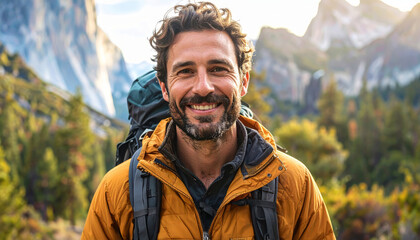 Happy man exploring nature hiking
