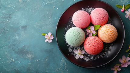 Assortment of colorful Japanese mochi ice cream and a French macaron served in a black bowl. Garnished with delicate cherry blossoms and fresh mint leaves on a blue background