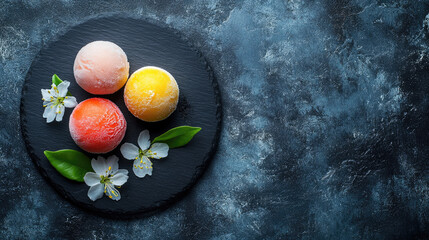 Assortment of colorful Japanese mochi ice cream and a French macaron served in a black bowl. Garnished with delicate cherry blossoms and fresh mint leaves on a blue background