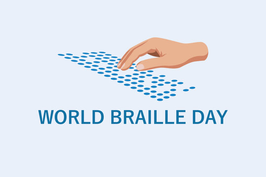 Vector illustration of a hand reading Braille dots, symbolizing World Braille Day awareness. Perfect for accessibility campaigns, educational materials, and inclusion themes.