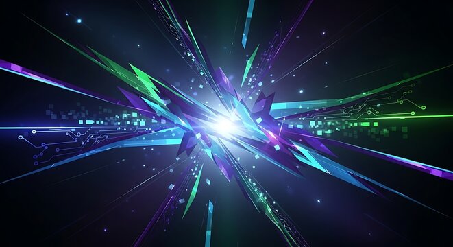 Stunning abstract data explosion with vibrant purple and green shards, perfect for a modern tech background or futuristic design, creating a dynamic digital vibe