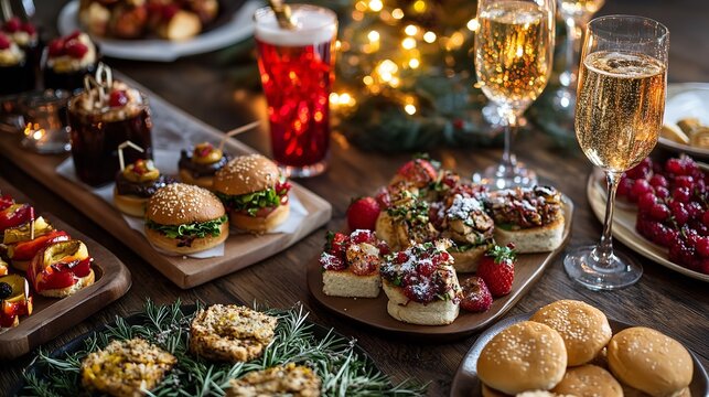 Festive holiday party with champagne, sliders, and appetizers on a beautifully decorated table setting