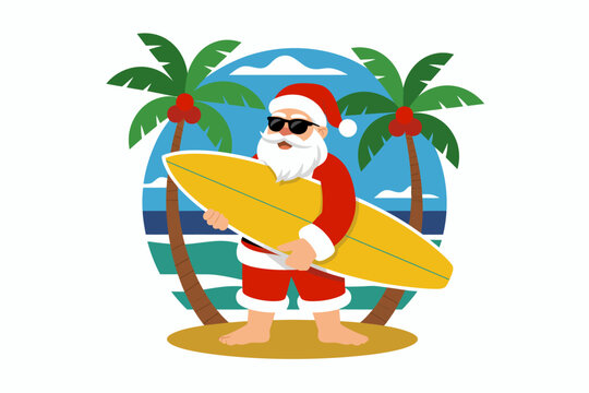 Joyful Santa Claus with surfboard on a tropical beach, ready for holiday fun