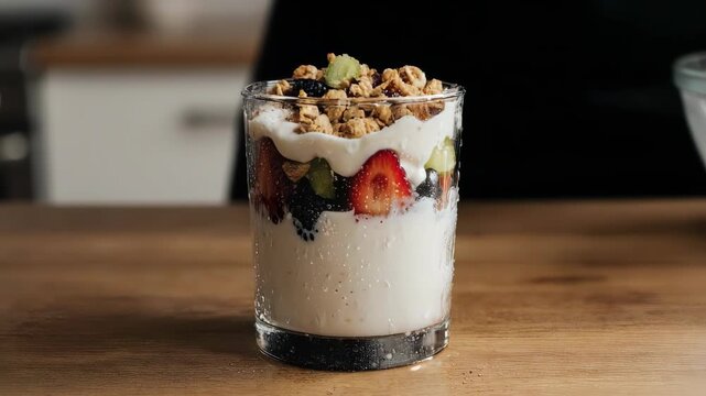 A parfait in a clear glass, with layers of fruits, yogurt, and granola