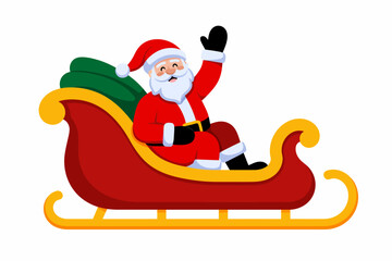 Joyful Santa Claus waving from a festive sleigh filled with gifts.
