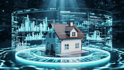 Real estate technology concept with house model surrounded by holographic data visualization, analytics charts, and digital interface elements. Property market analysis, financial forecasting - Powered by Adobe