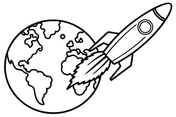 Whimsical hand drawn black and white illustration of a rocket ship blasting off into space surrounded by stars and a planet