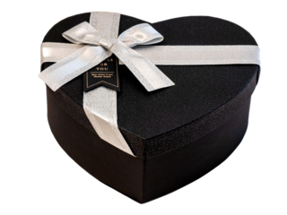 Elegant black heart shaped gift box with a silver ribbon bow