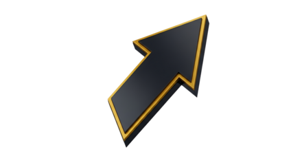 3D Dark Gray Arrow, with gold trim pointing up and right, isolated on white or transparent background, PNG