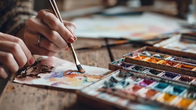 A person is painting with a brush on a table. The table has a palette of watercolors and a sketchbook. The person is using a brush to paint on the sketchbook