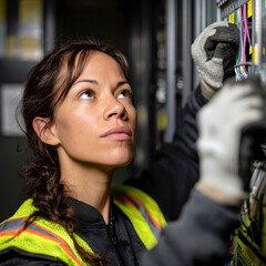 Latina woman electrician at work — empowered and focused in male-dominated field