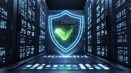 Glowing shield with green checkmark verification symbol in datacenter server room corridor. Cybersecurity protection, network security validation, it infrastructure defense, data safety certification, - Powered by Adobe