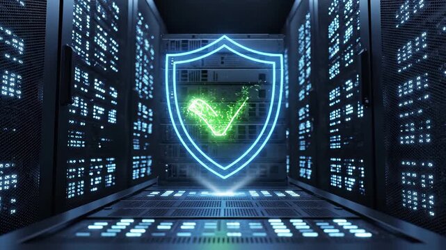 Glowing shield with green checkmark verification symbol in datacenter server room corridor. Cybersecurity protection, network security validation, it infrastructure defense, data safety certification, - Powered by Adobe