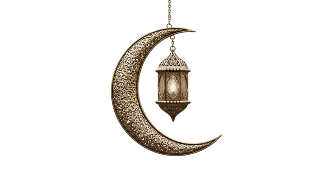 Ornate Golden Crescent Moon, with Hanging Lantern and Detailed Intricate Patterns, isolated on white or transparent background, PNG