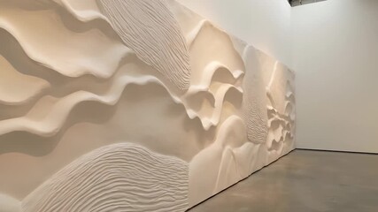 Large wall relief commands gallery space and attention. Smooth sculpture shows flowing abstract texture. Installation spans wall with carved wave pattern. Museum interior highlights minimal modern - Powered by Adobe