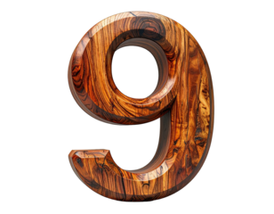 3d wooden number 9 on white background PNG