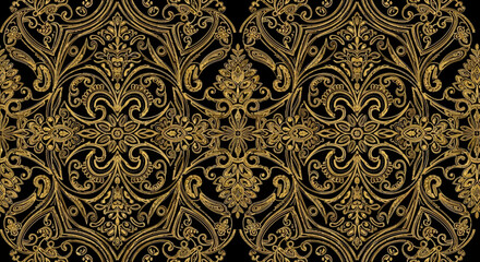 Gold ornate pattern on black creates an elegant, luxurious texture. Perfect for backgrounds, branding, web design, or omani dress designs.