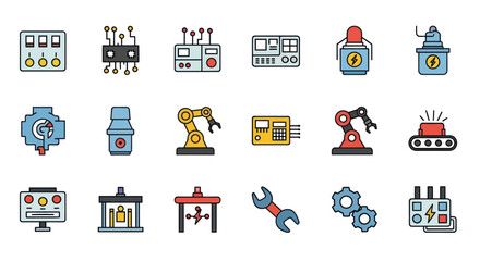 Set of colorful industrial automation robotics and manufacturing technology icons.
