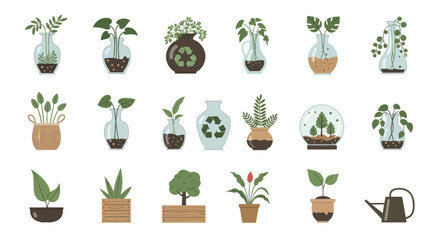 Collection of various potted plants and decorative vases with greenery.