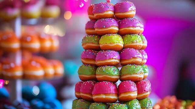 Tower of colorful donuts stacked high for a party, with pink, green, and orange frosting, a sweet treat