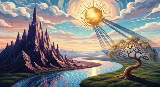 Fantasy landscape glows with sun, mountains, river in a vibrant, colorful illustration. Use as imaginative background, wallpaper, poster, or video backdrop.
