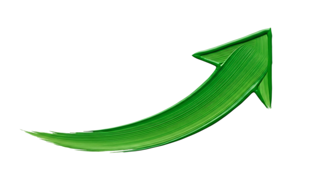 Green Paint Brush Stroke Arrow, pointing upwards and to the right, isolated on white or transparent background, PNG