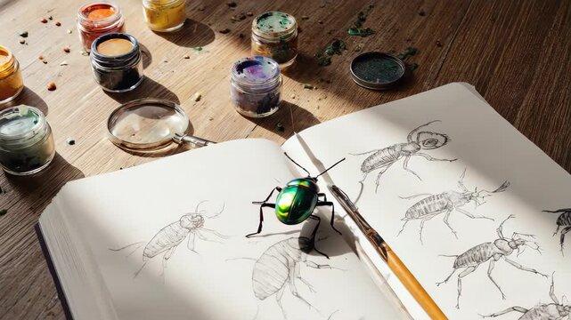 Still life of a beetle study with sketches, paints, and a magnifying glass