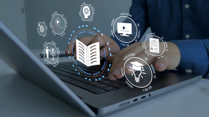 Digital internet lessons and online webinar on virtual screen.E-learning education.Education internet Technology.Business person who attends online lessons on a digital technology screen.