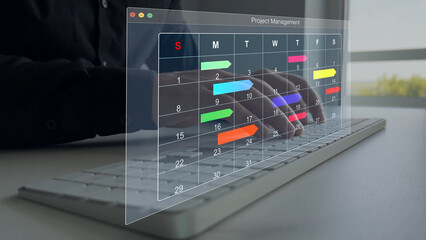 Managing a scheduled meeting. Businessman manages time to work efficiently and on time on all projects. Calendar work schedule, business plan concept.	
