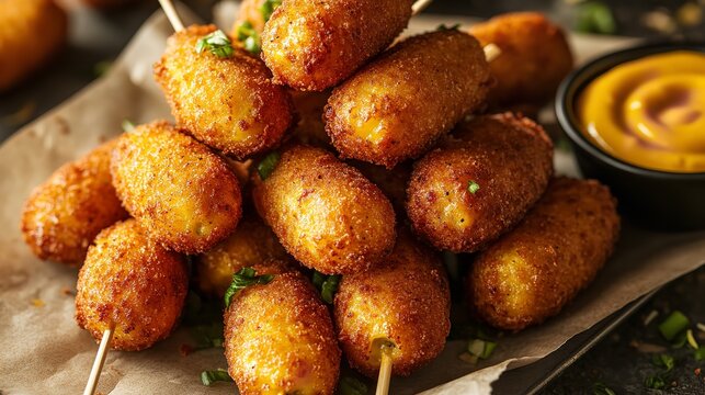 Heap of homemade mini corn dogs with mustard dipping sauce for a tasty and fun snack - Powered by Adobe