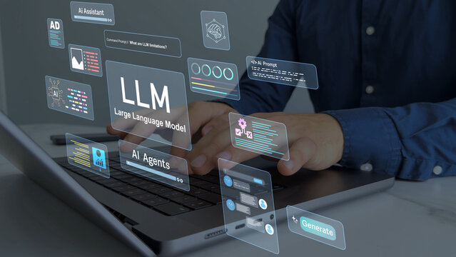 Large language model(LLM) with AI technology.User working on laptop in LLM,Data performrange language tasks,answering questions, summarizing information, translating languages, writing code.
