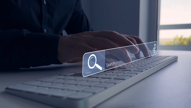 Person clicking internet search page on touch screen. Searching information on internet. Searching the internet helps find information, connect ideas and explore digital knowledge	