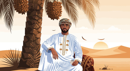 Illustrated desert scene features a man in an omani dress under a palm tree. Ideal for cultural presentations, travel blogs, or branding.