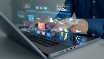 UX-UI design web and user design development.Holographic UIUX, display icons of UX-UI designer, creative planning, data visualization. Web design, application design,coding develop.	