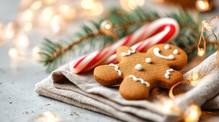 Fototapeta premium Gingerbread cookie with festive decorations, candy cane, and fir branches on a textured surface, creating a warm holiday atmosphere