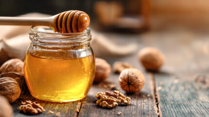 Jar of golden honey with wooden dipper resting on top, surrounded by walnuts and rustic wooden background, showcasing natural sweetness and texture